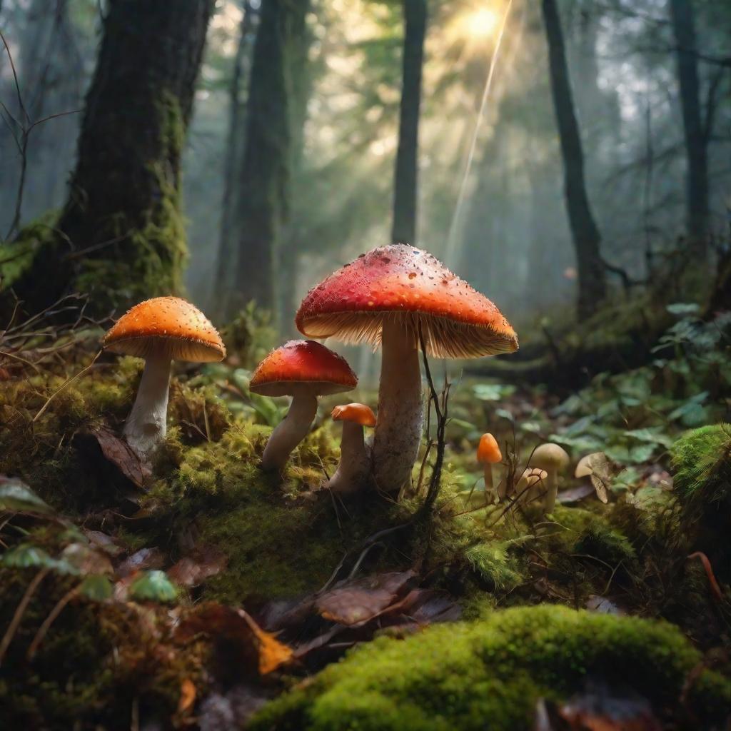 Таинственный туманный лес с яркими цветными ядовитыми грибами