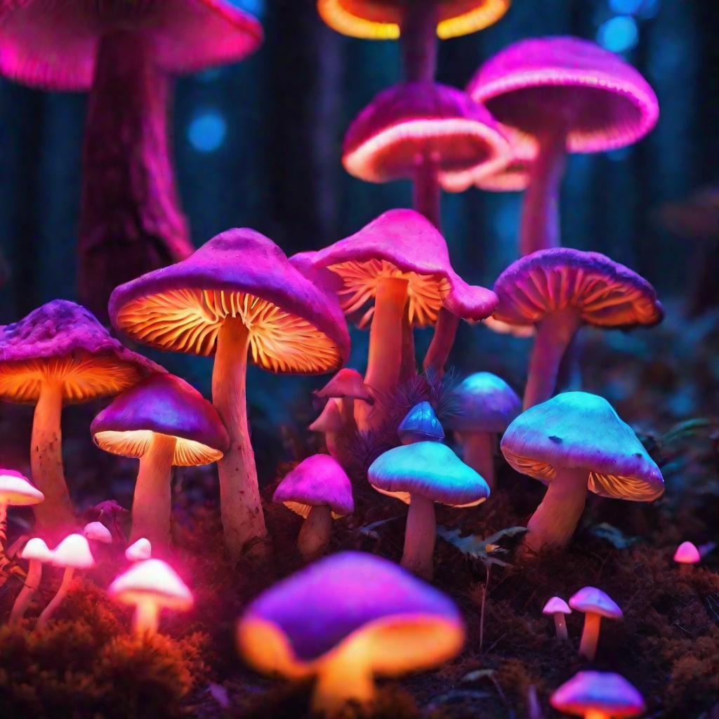 Праздник светящихся грибов в лесу с радостным веселым настроением