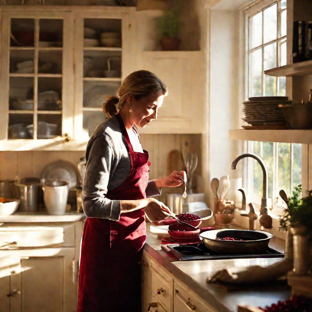 Женщина готовит брусничный соус на кухне