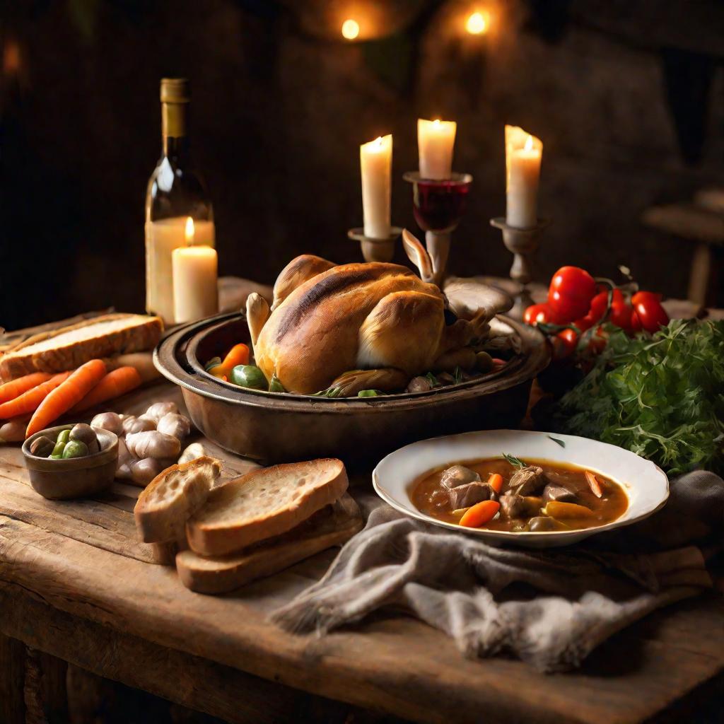 Рустикальный деревянный стол с рагу из кролика, хлебом, овощами и вином, освещенный свечами ночью. Мягкое, теплое освещение создает уютную, интимную атмосферу. Незначительная глубина резкости фокусируется на еде.