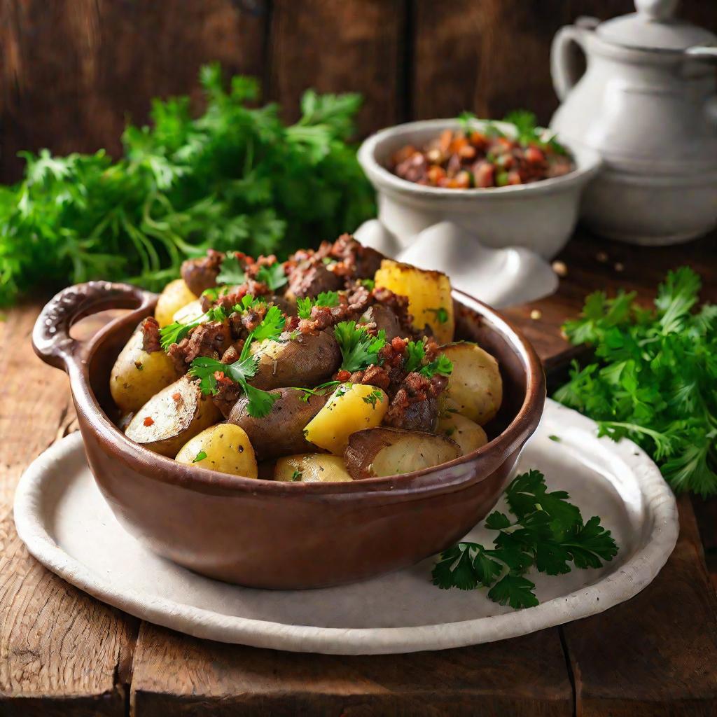 Запеченная картошка с мясом в глиняной посуде, украшенная зеленью на деревянном столе.