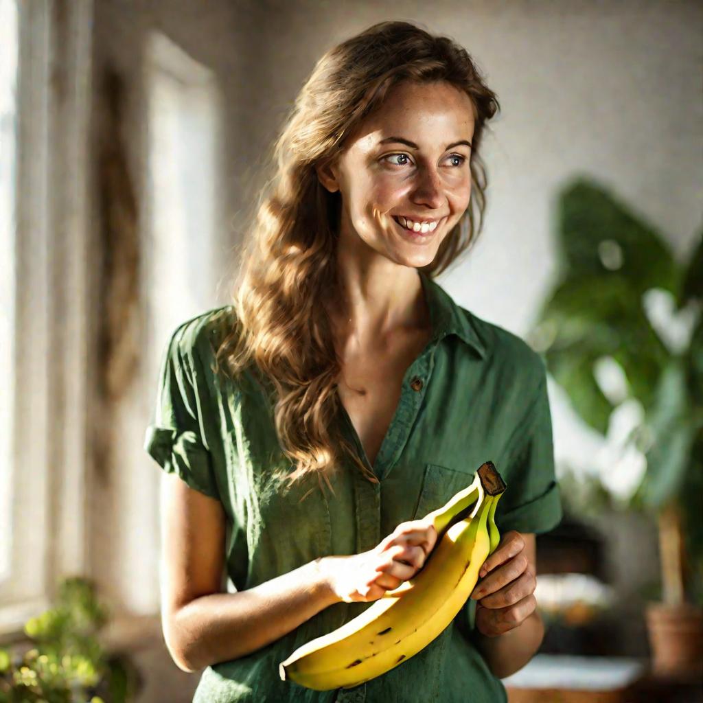 Женщина держит банан и рассматривает, летнее утро, освещение теплое мягкое