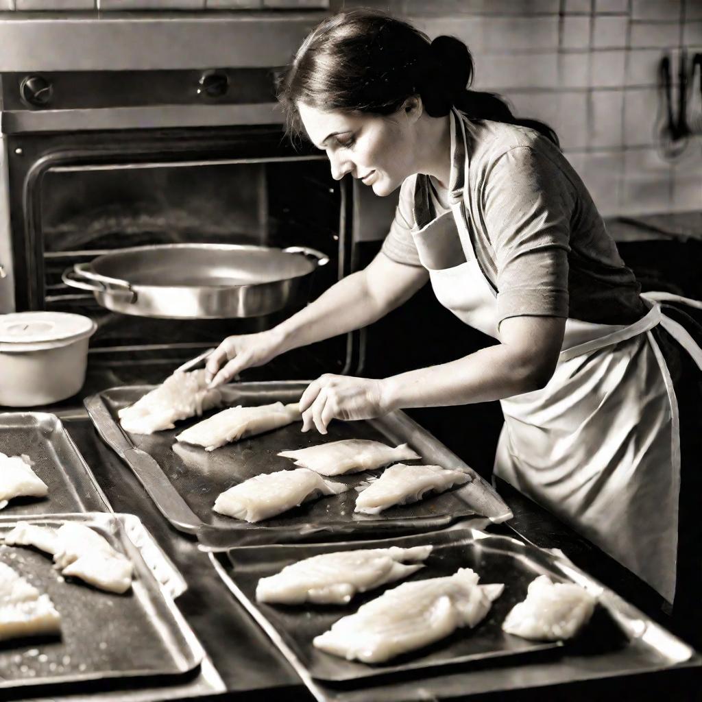 Женщина в фартуке достает из духовки противень с запеченным филе трески