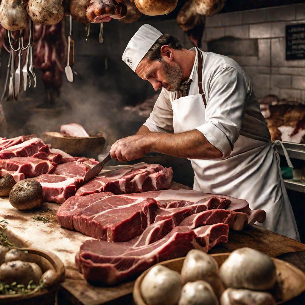 Мясник на рынке, нарезающий говядину для мяса с грибами, снятый в кинематографическом стиле