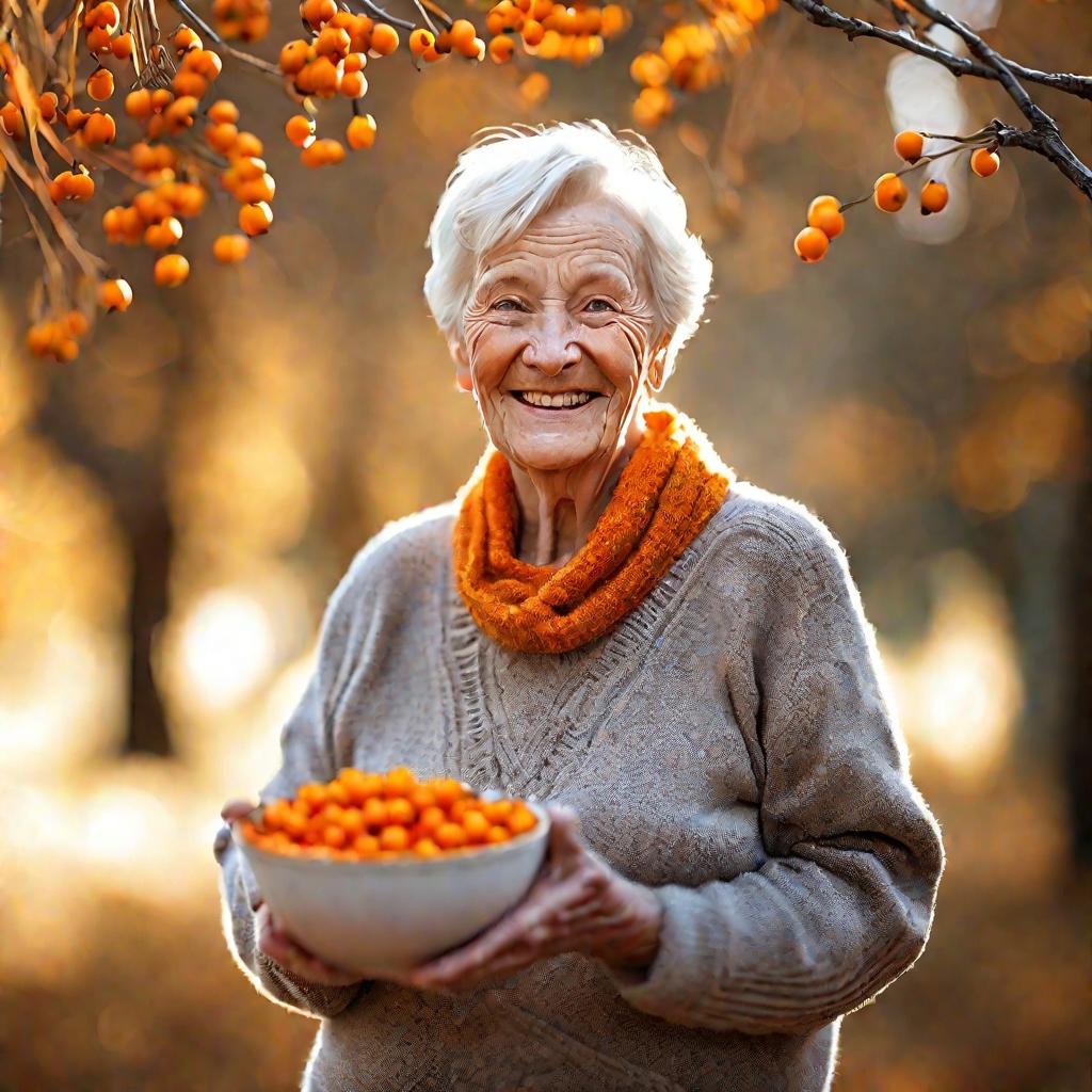 Бабушка с ягодами облепихи