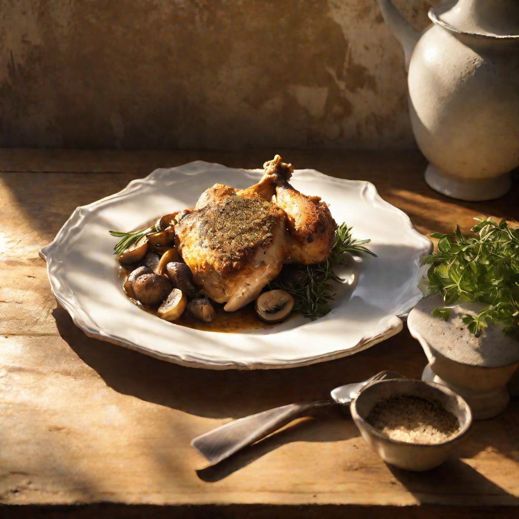 Сочное бедро курицы с грибами из духовки на белой тарелке