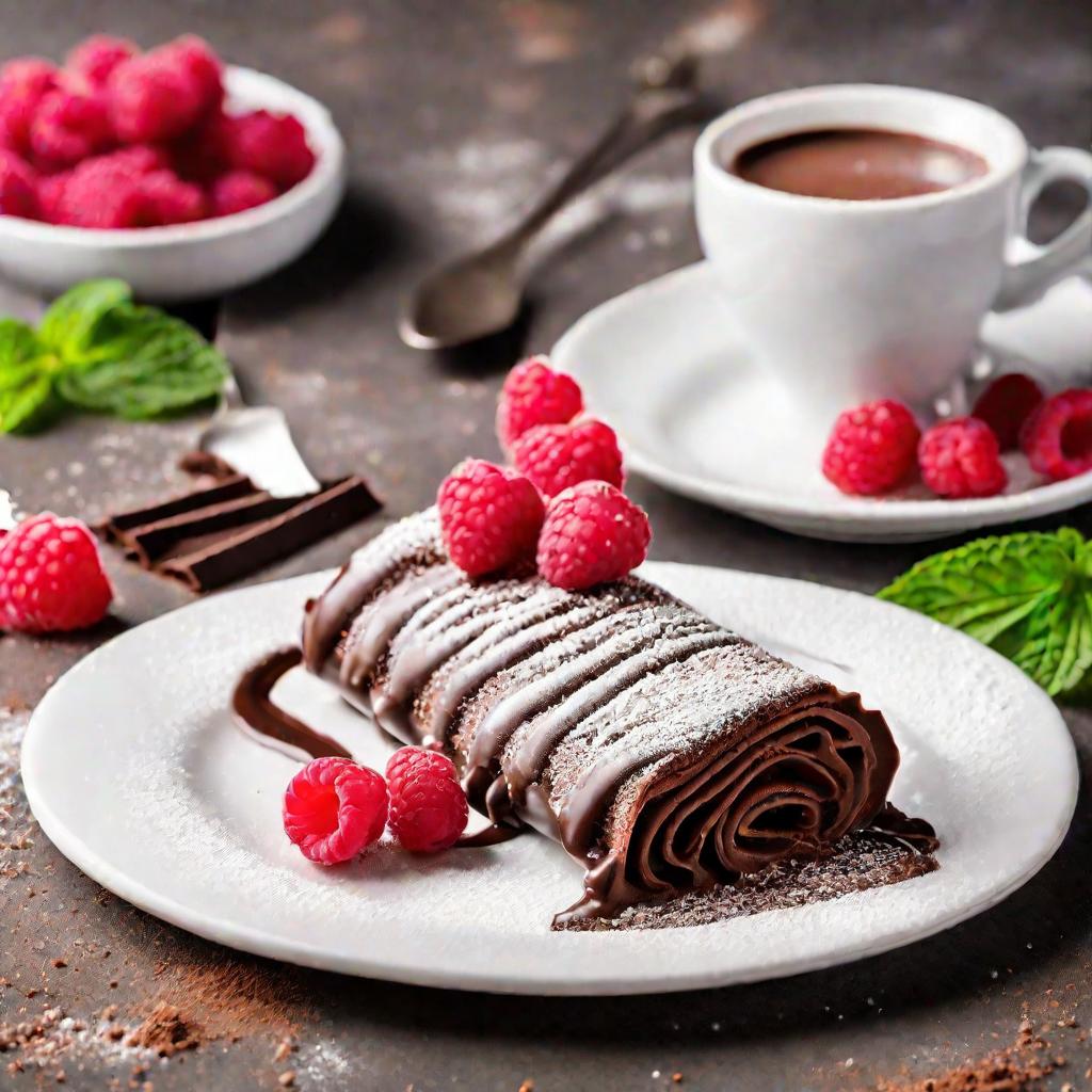 Аппетитный кусочек шоколадного каннеллони с творожной начинкой на белой тарелке