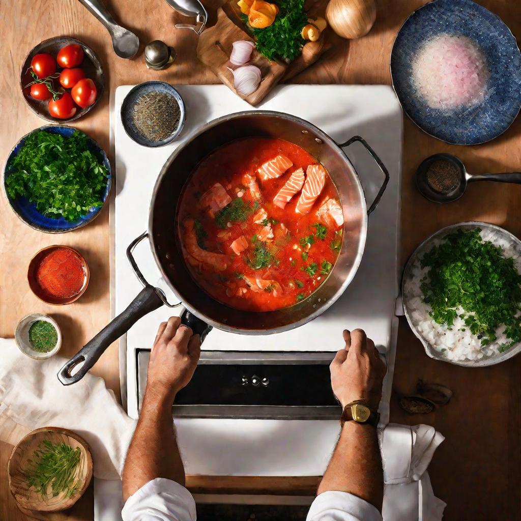 Повар добавляет специи в красный суп на плите.