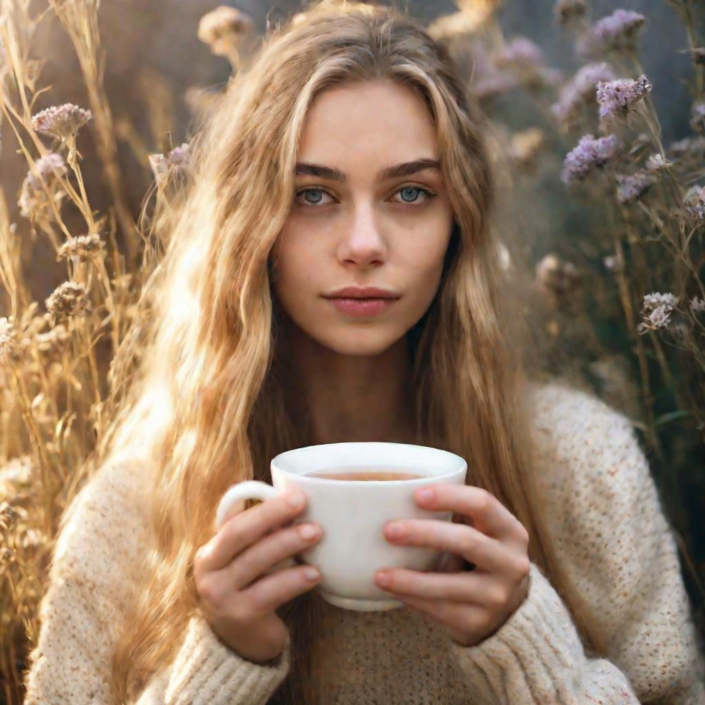Крупным планом молодая женщина, задумчиво держащая в руках чашку травяного чая. Рядом сушеные травы и цветы, на лице играют лучи солнца.