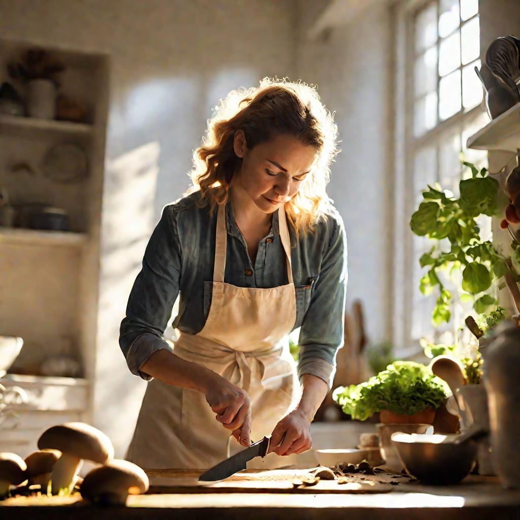Женщина чистит шляпку гриба ножом на светлой кухне