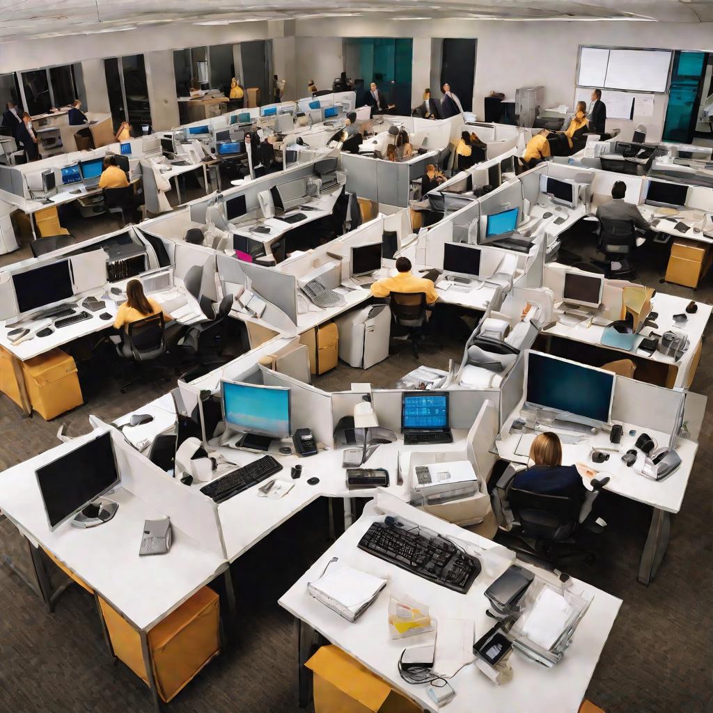 Панорамный вид сверху на большое офисное пространство, полное офисных компьютеров, мониторов, клавиатур, кабелей и офисных работников в деловой одежде, использующих все это оборудование и выглядящих сосредоточенно. Сцена выглядит аккуратно, ярко и энергич