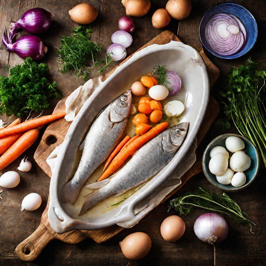 Натюрморт с ингредиентами для приготовления рыбной запеканки - филе рыбы, картофель, морковь, яйца, лук, зелень. Планируем аппетитный ужин