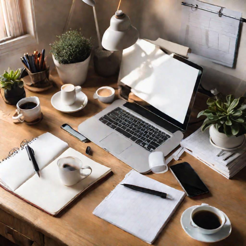 рабочий стол домашнего офиса с ноутбуком, телефоном, блокнотами, ручками и кружкой кофе, удаленная работа из дома
