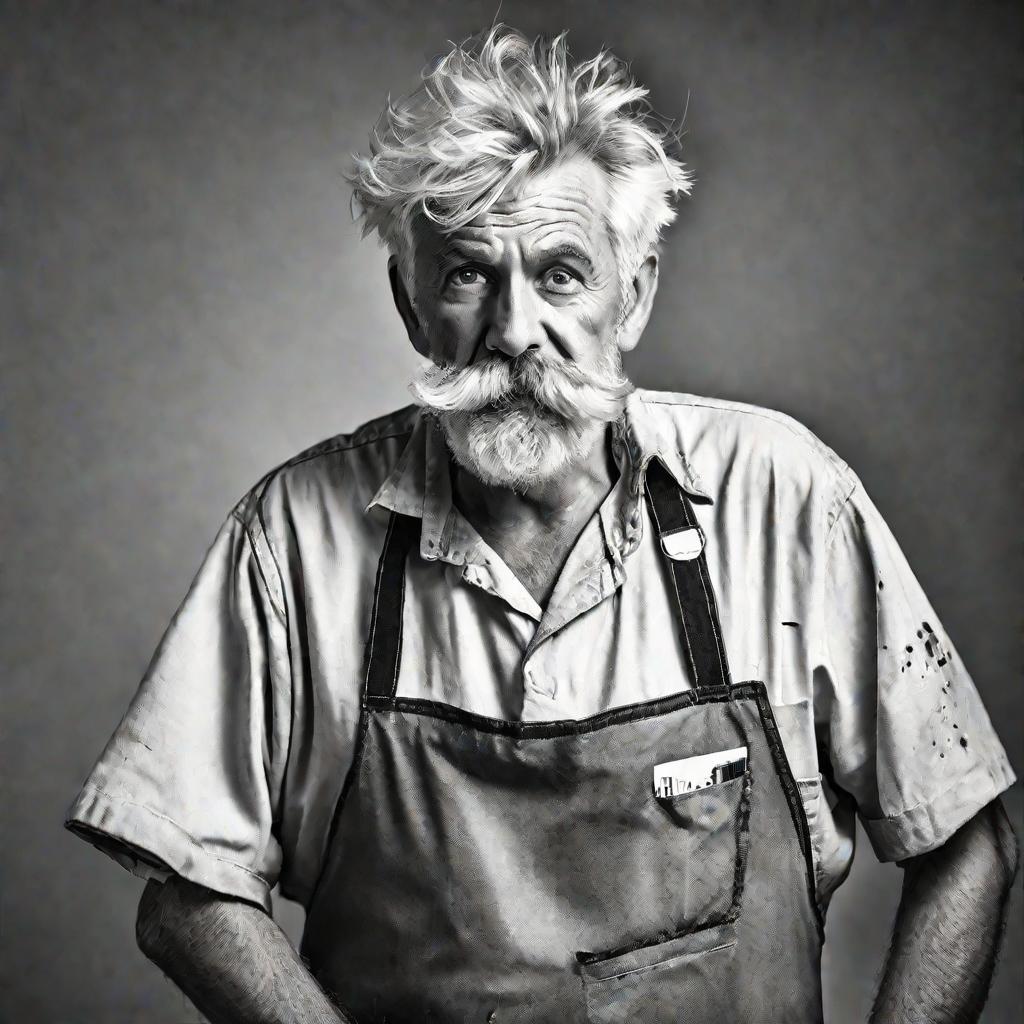 Портрет пожилого изобретателя с инструментом в руке
