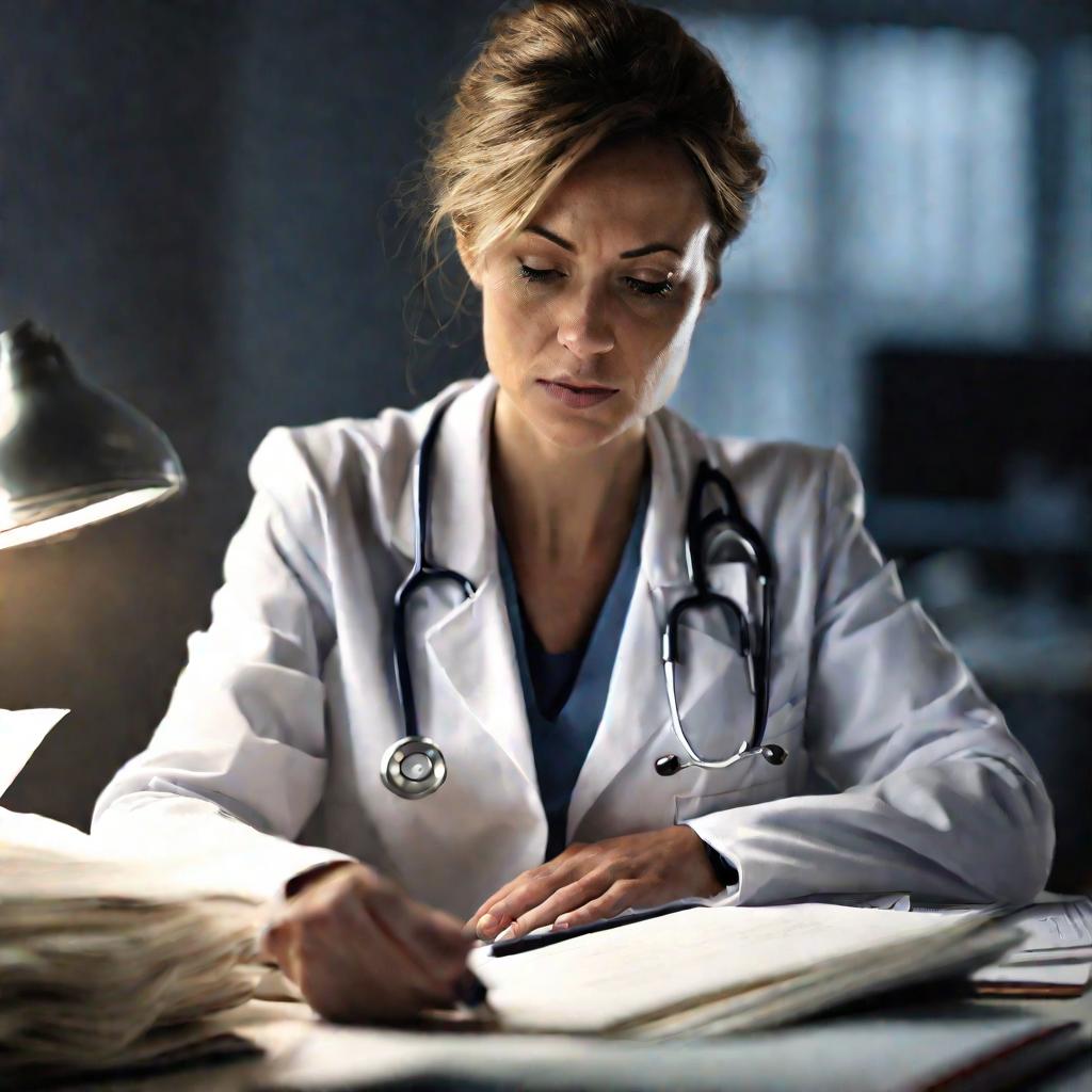 Портрет врача-женщины, сидящей за столом в тускло освещенном кабинете