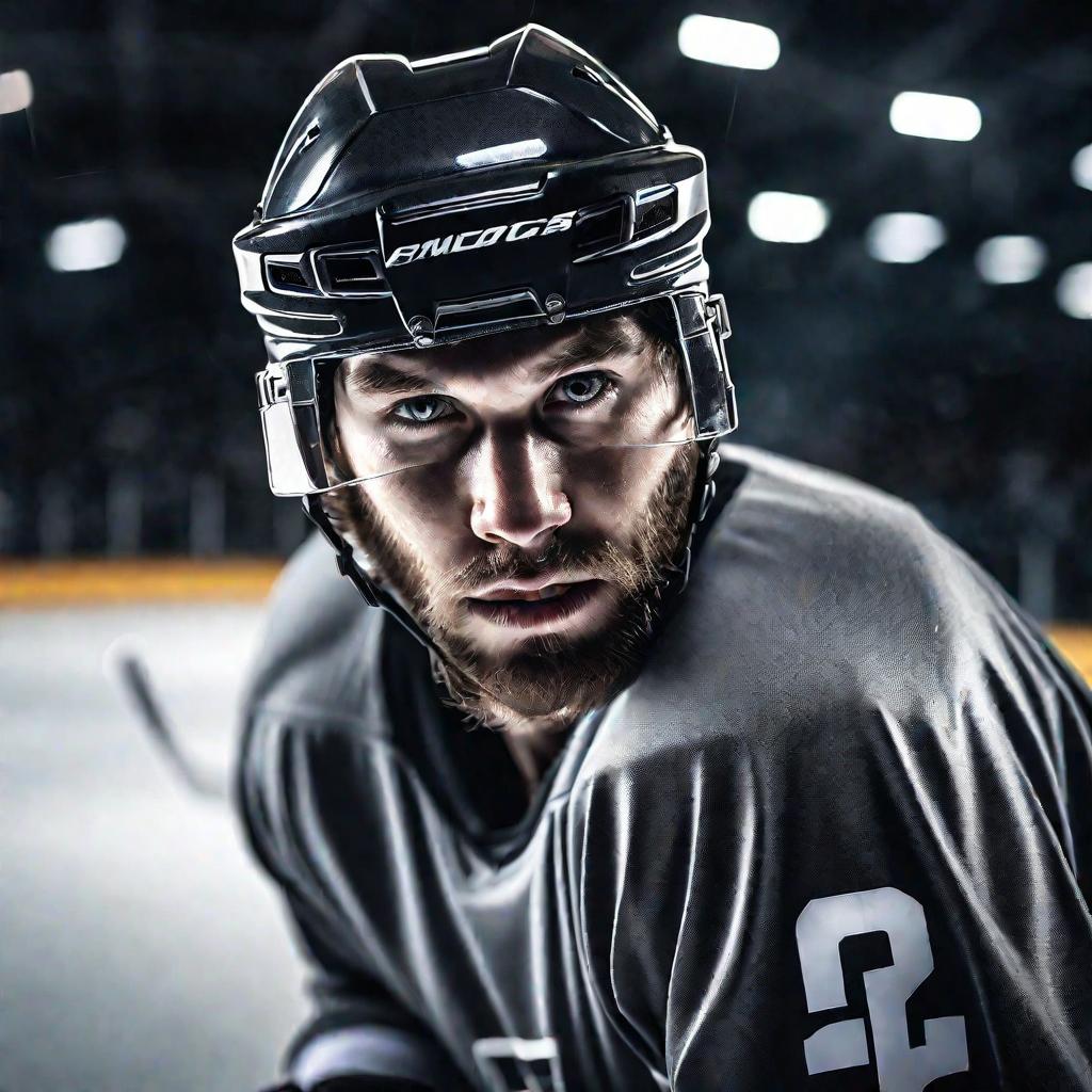 Портрет хоккеиста с клюшкой на фоне катка
