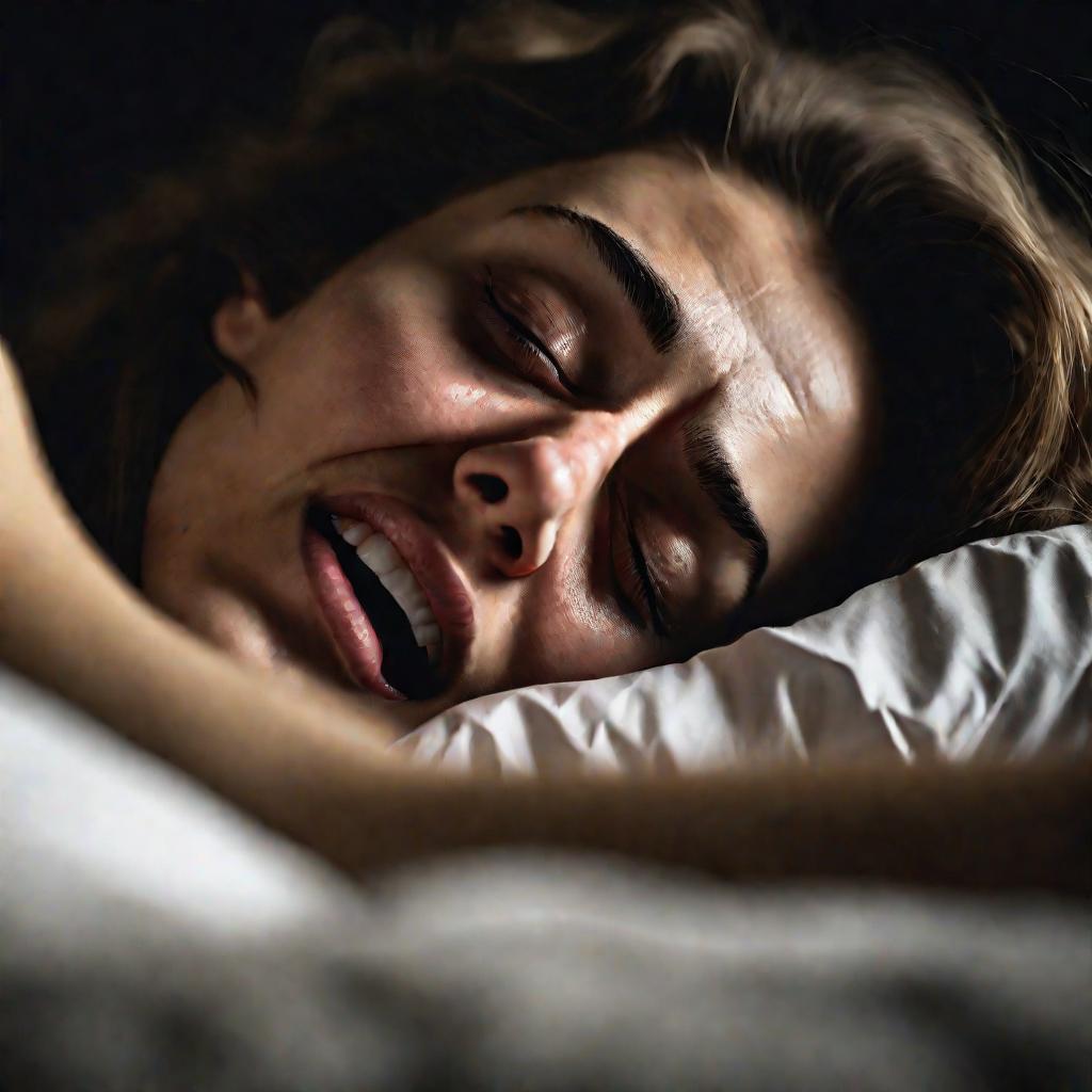 Портрет молодой женщины, морщащейся и кричащей во сне