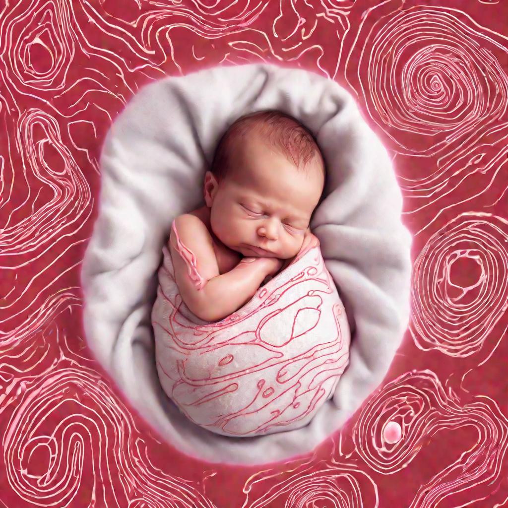 Очаровательный новорожденный спит, завернутый в мягкое одеяло. На заднем плане исчезает яркая светящаяся плацента со сложной системой кровеносных сосудов – символ связи ребенка с матерью и напоминание о том, как плацента способствовала его здоровому разви