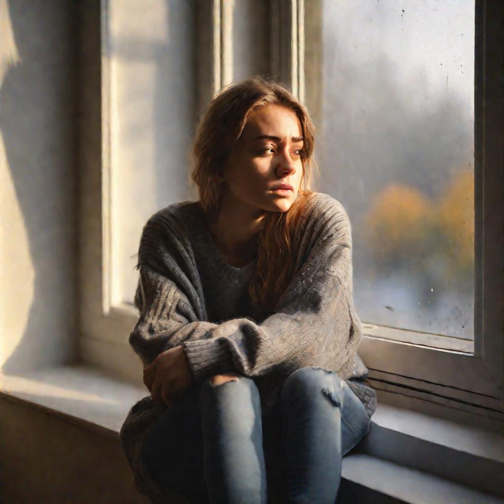 Грустная молодая женщина сидит у окна в сером свитере, смотрит вдаль, лицо освещено боковым светом