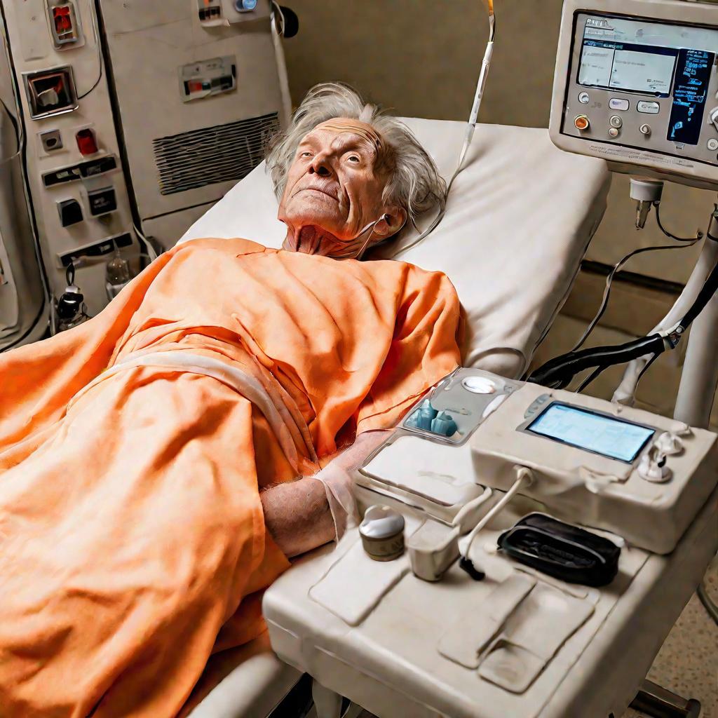 Пациент лежит на боку на столе во время заполнения кишечника контрастом