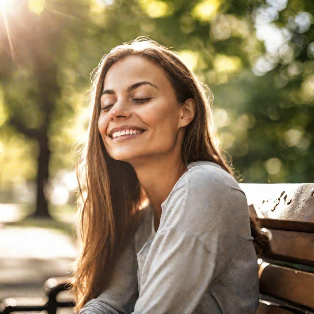 Крупный план портрета женщины, сидящей на скамейке в парке. Она закрыла глаза и делает глубокий вдох свежего воздуха. На ее лице спокойная улыбка, а солнечный свет просвечивает сквозь листву над ней.