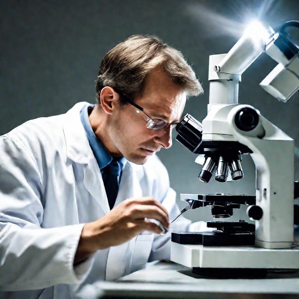 Ученый изучает металл под микроскопом