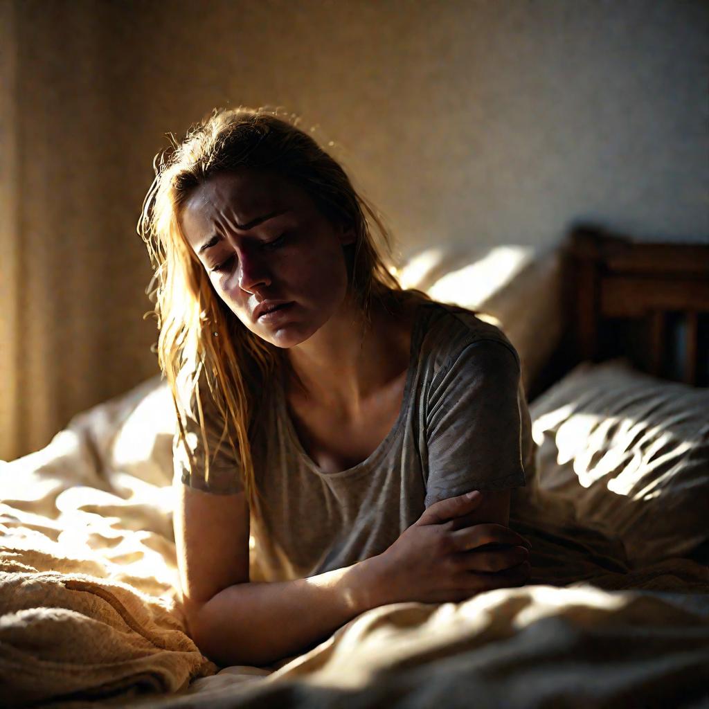 Портрет грустной молодой женщины, страдающей от боли в животе
