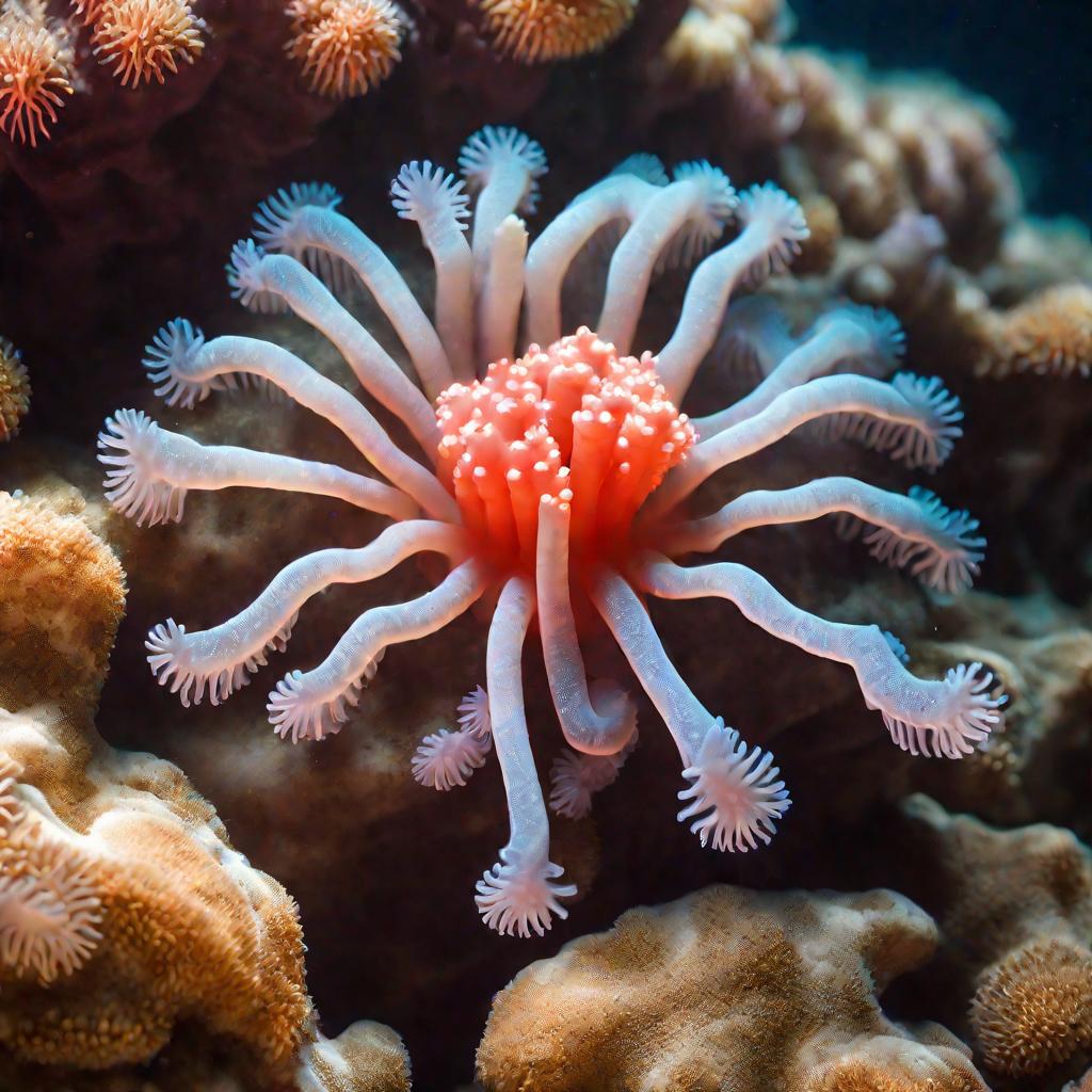 Крупный план одиночного кораллового полипа, напоминающего подводный цветок.