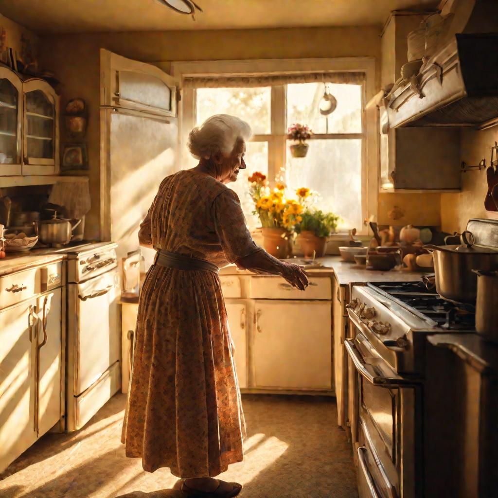 Бабушка заполняет старинный холодильник продуктами