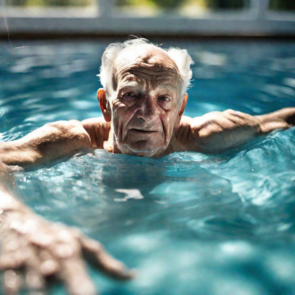 Средний план пожилого мужчины, плавающего в бассейне в утреннем свете.
