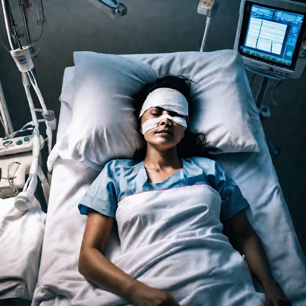 Женщина с перевязанным лицом в больничной палате