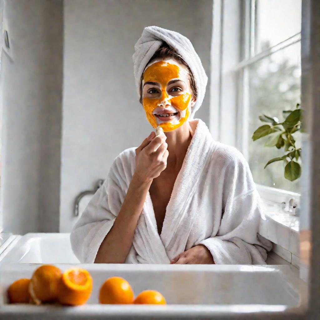 Женщина делает маску для лица с апельсиновым соком