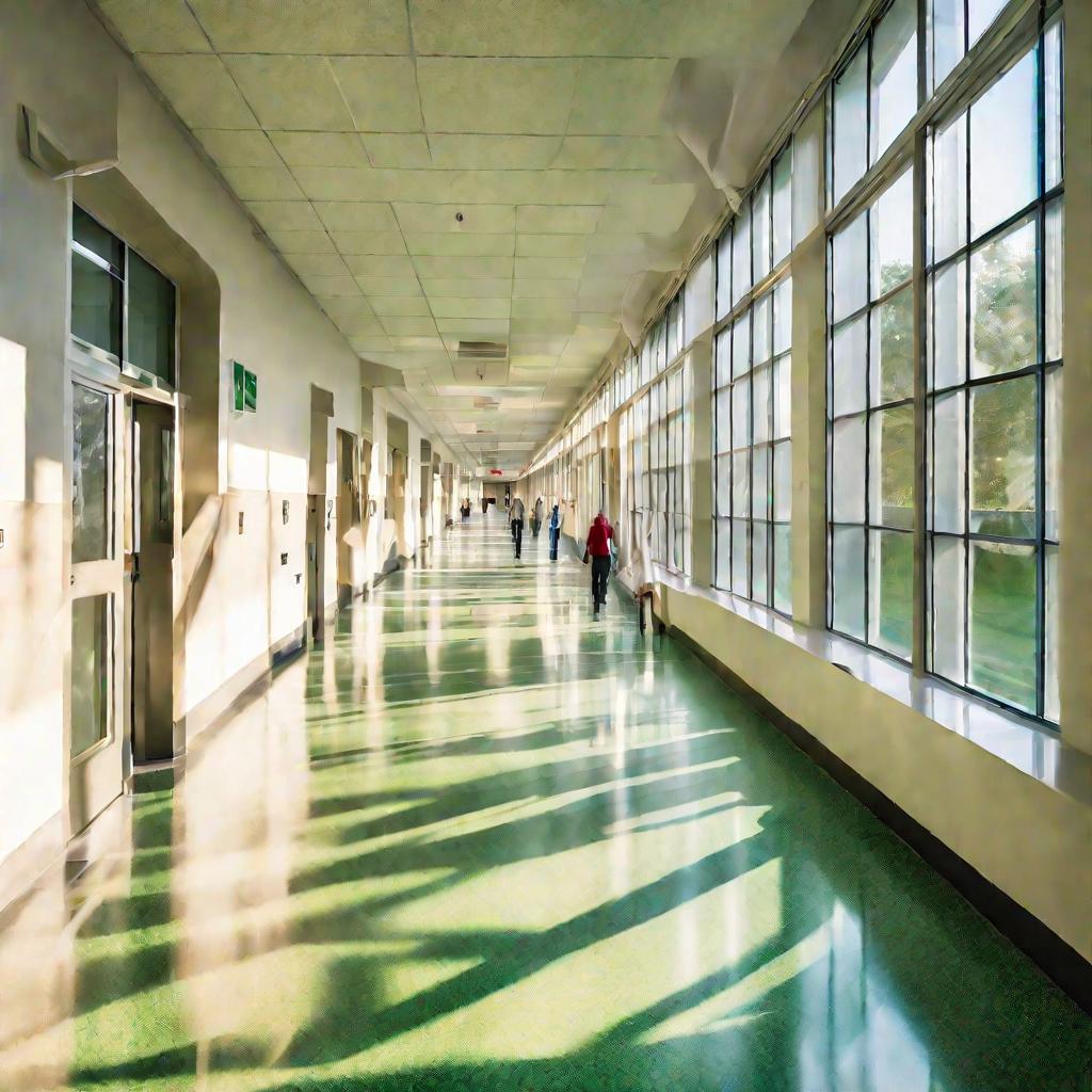 Вид больничного коридора сверху во время рассвета