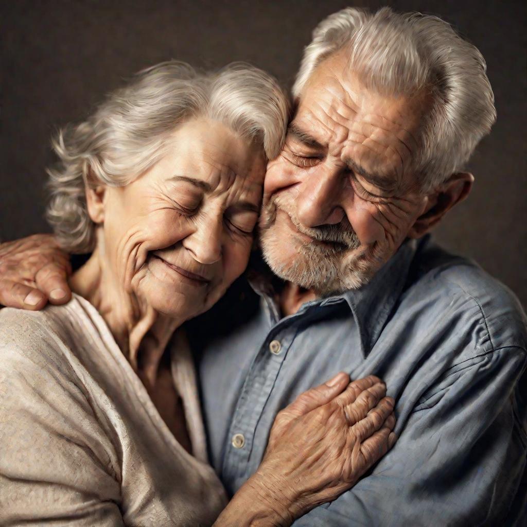 Пожилые супруги обнимаются