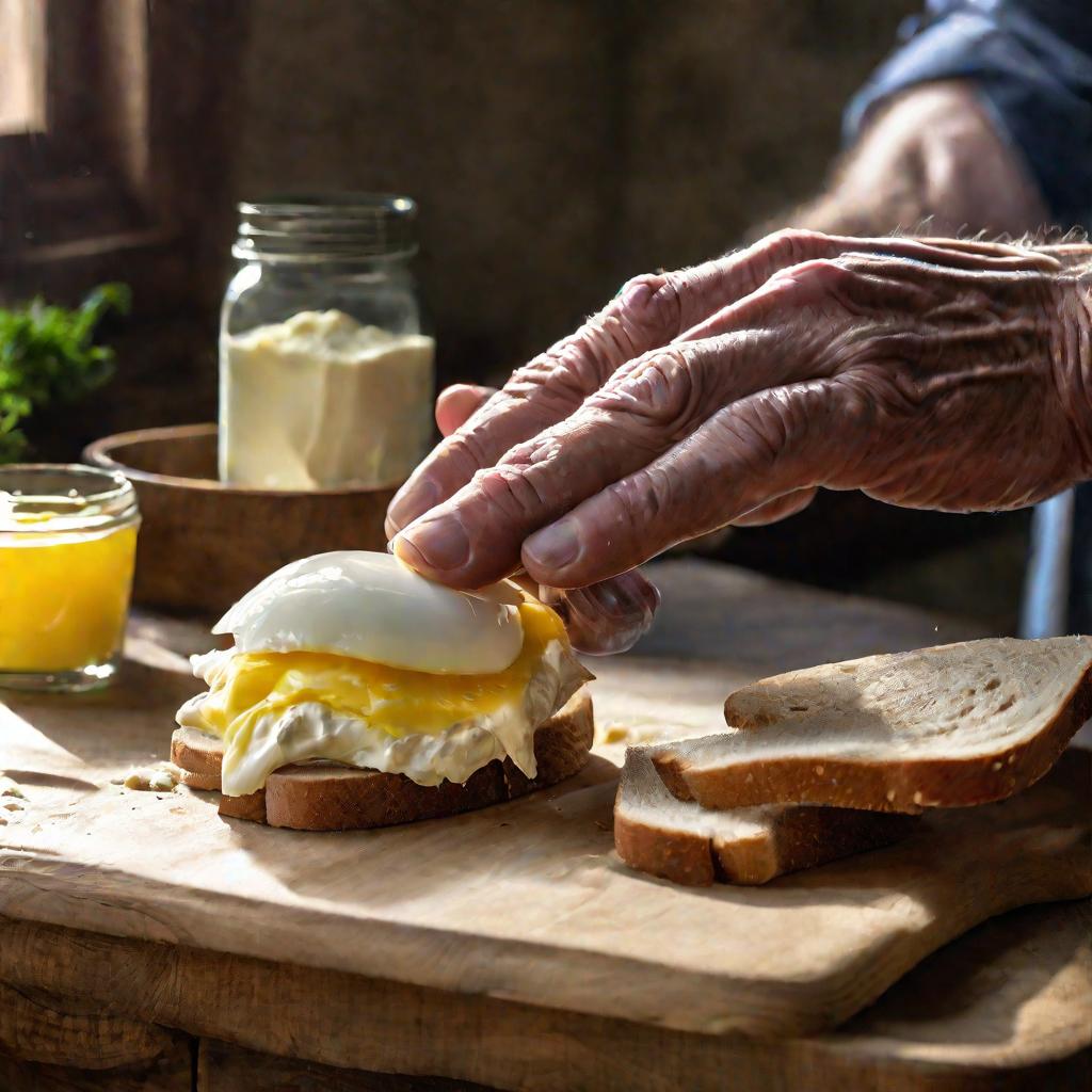 Старческие руки аккуратно готовят яичный сэндвич с майонезом. Мягкий теплый солнечный свет в окне. Деревянная разноцветная доска с инструментами. Спокойная, домашняя атмосфера.