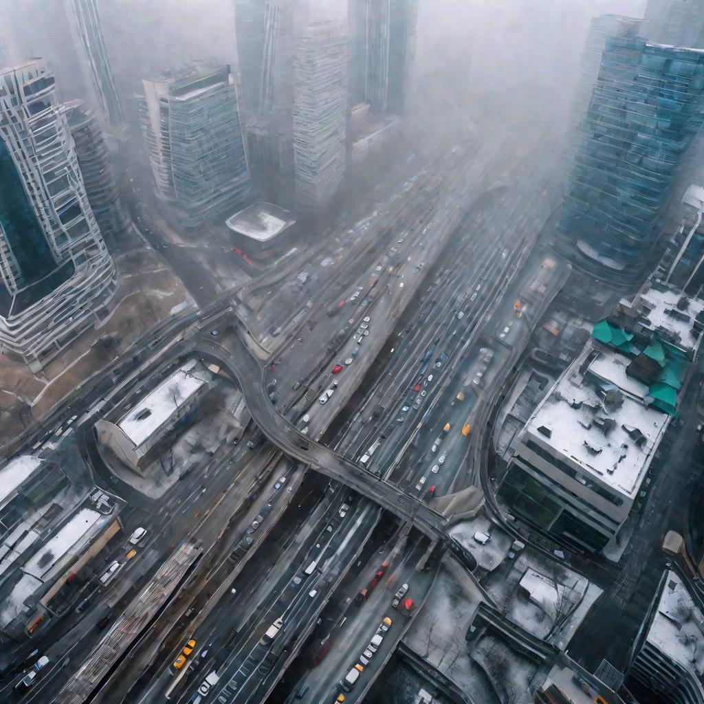 Люди в час пик на дорогах между высотными зданиями в тумане