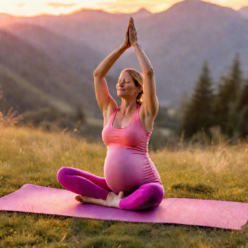Беременная женщина делает йогу на рассвете на лугу