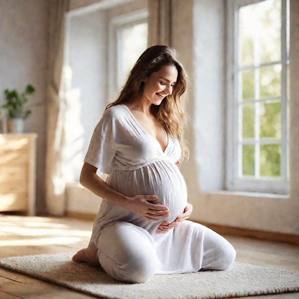 Беременная женщина выполняет упражнения кегеля