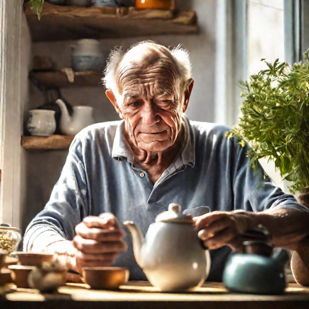 Пожилой мужчина готовит травяной чай от диспепсии