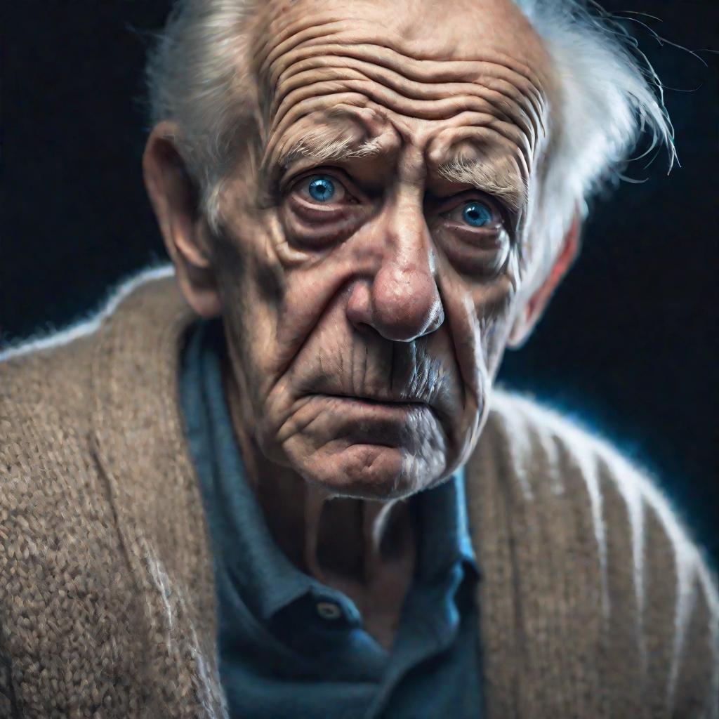 Портрет пожилого грустного мужчины на темном ночном фоне