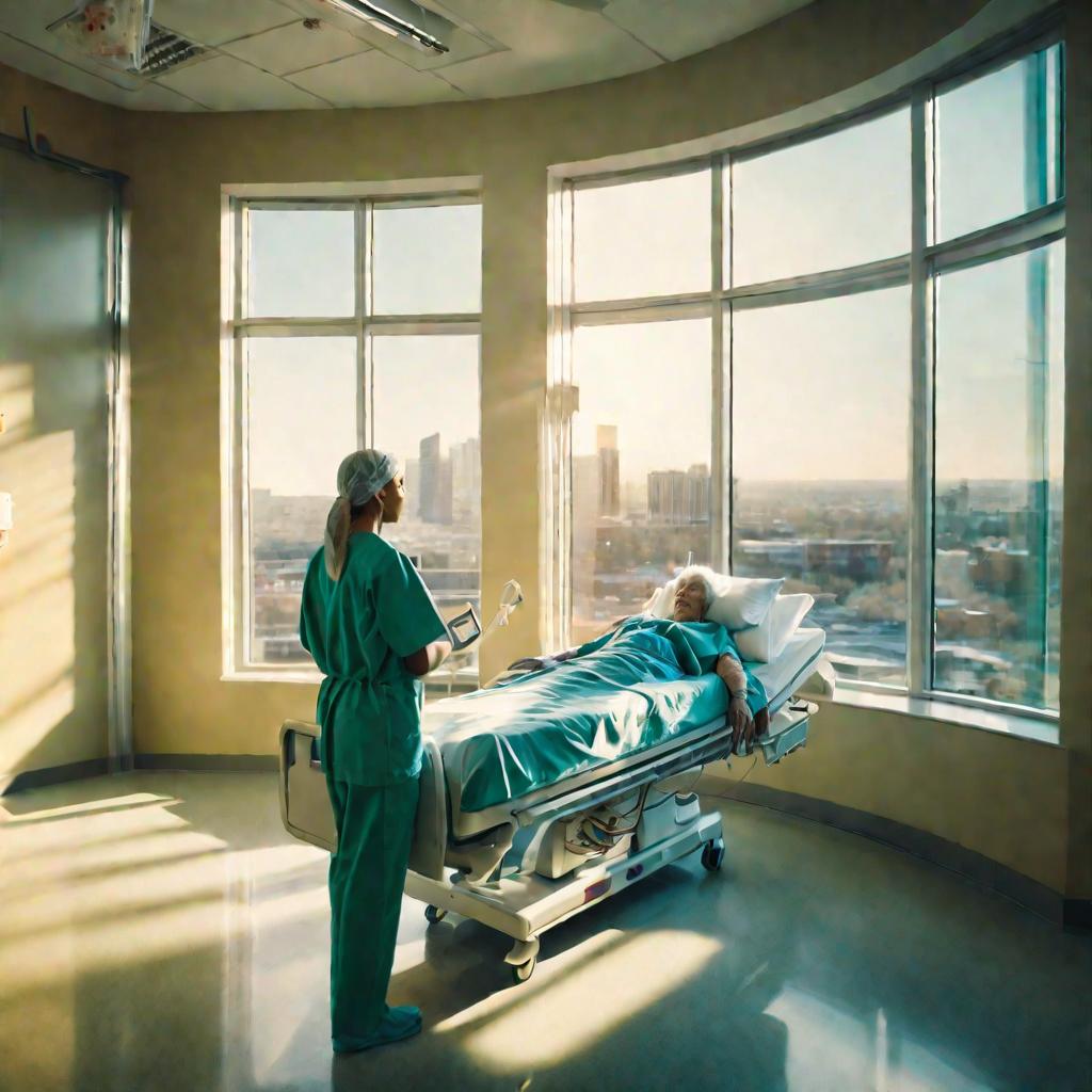 Широкий кадр сверху палаты больницы, врач разговаривает с пациенткой