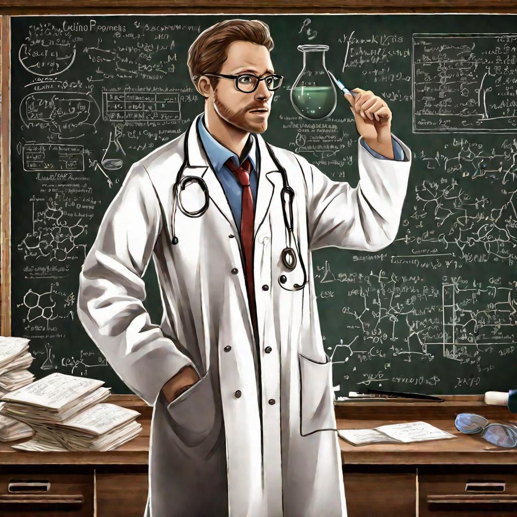 Ученый стоит у доски, исписанной сложными формулами, связанными с константой гидролиза.