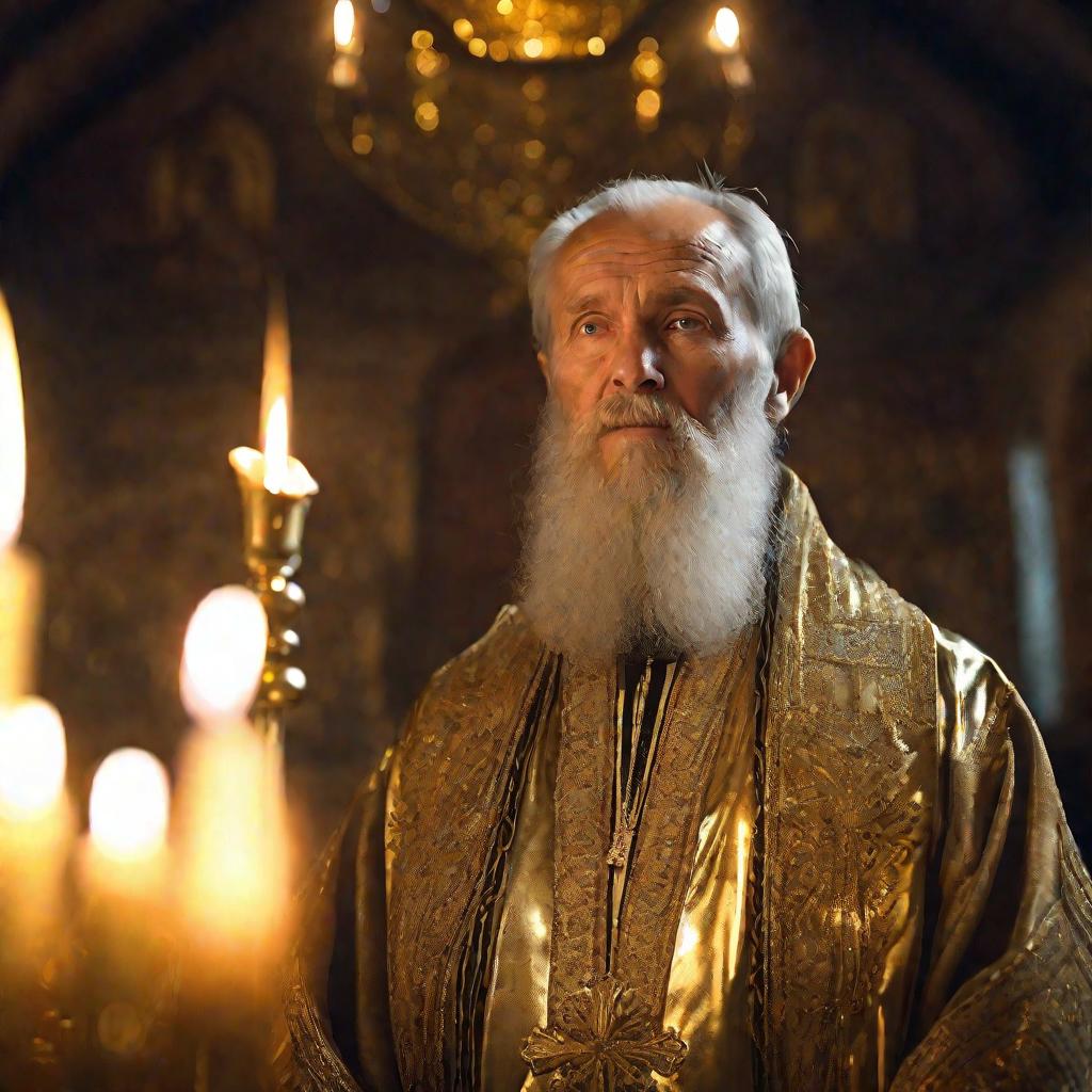 Портрет православного священника при свечах в церкви