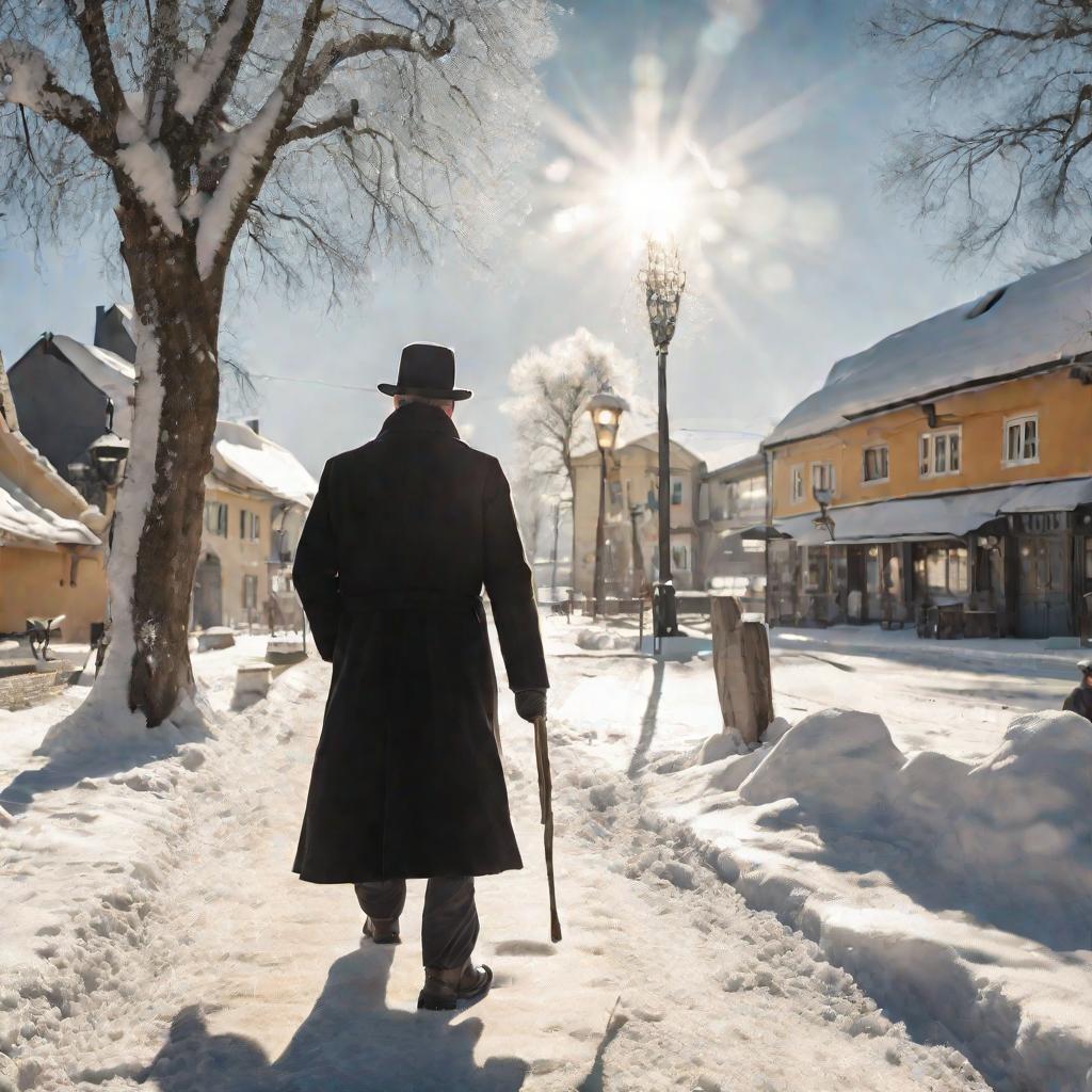 Мужчина в черной шерстяной шубе и меховой шапке пересекает снежную деревенскую площадь в солнечный зимний день, яркое солнце отражается от свежего снегопада