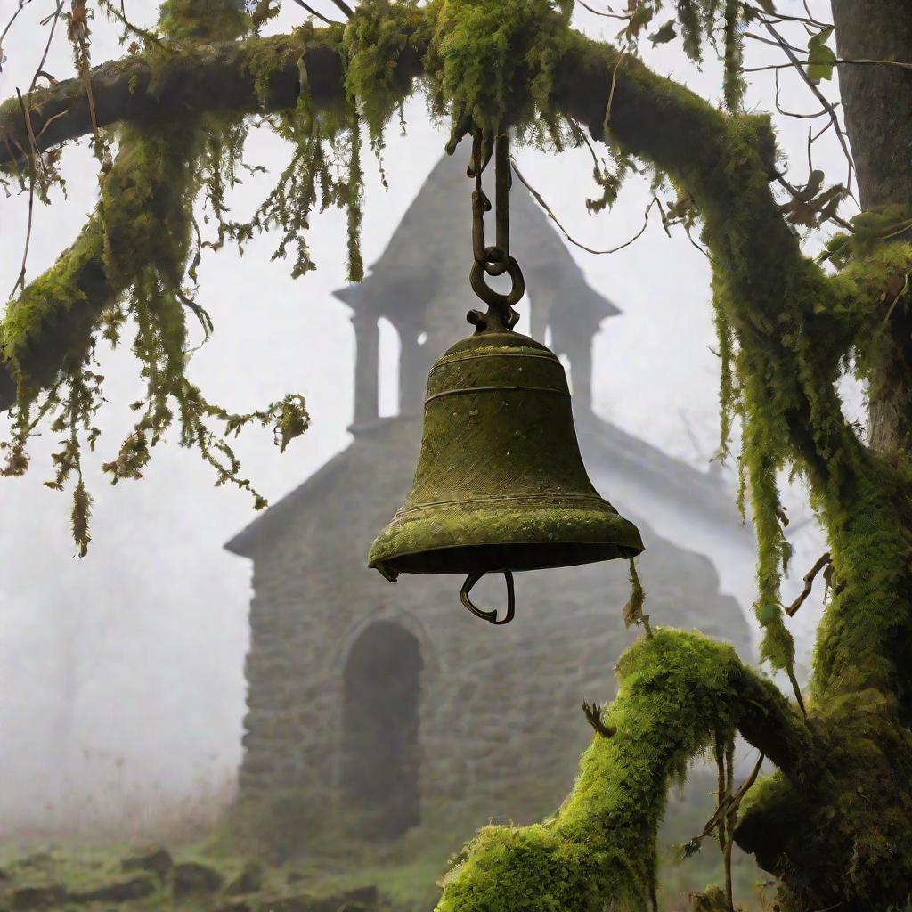 Старая бронзовая колокольня, покрытая мхом и лозой, висит в заброшенной каменной церковной башне в туманное утро