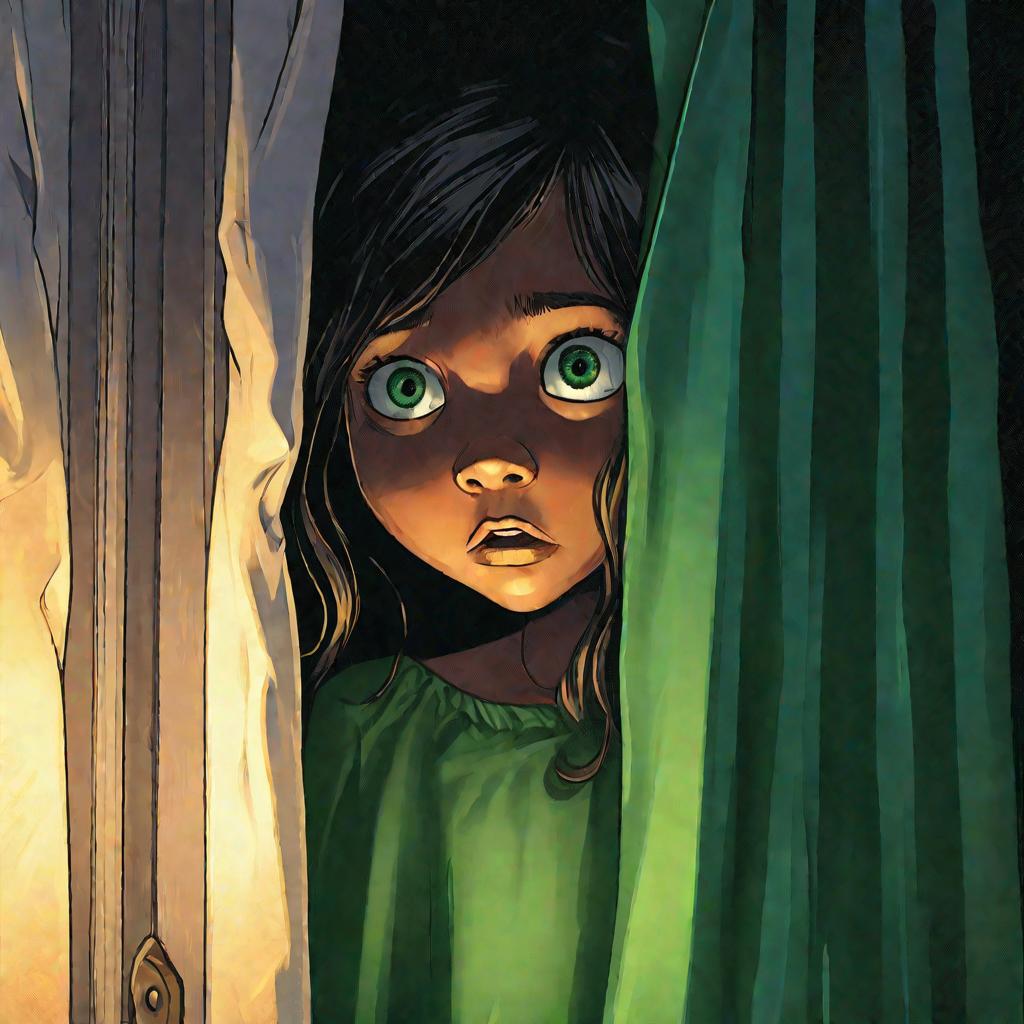 Испуганная девочка выглядывает из-за шторы в окне, пока зловещее зеленое сияние проникает снаружи во время бурной ночи
