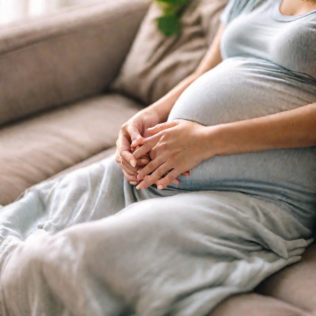 Беременная женщина сидит на диване, положив руки на живот