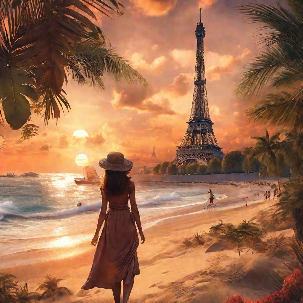 Женщина путешествует по миру - идет по тропическому пляжу на закате, любуется Эйфелевой башней в Париже, совершает восхождение в горах. Сцены передают ощущение приключения и свободы.