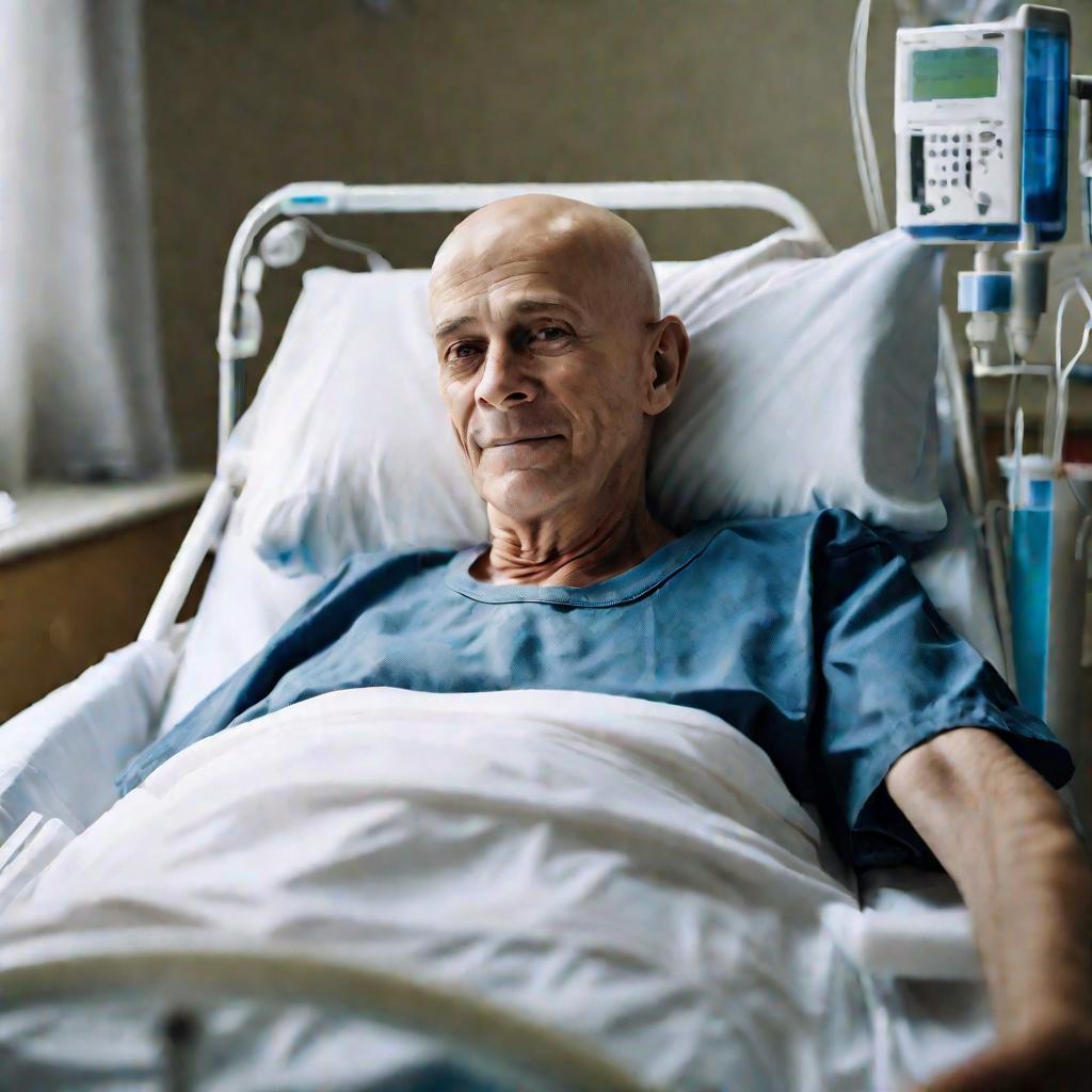 Пожилой мужчина, больной апластической анемией после химиотерапии, лежит в больничной кровати, подключенный к капельницам и мониторам