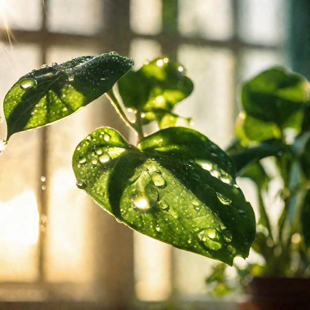 Растение с каплями воды на листьях на солнце